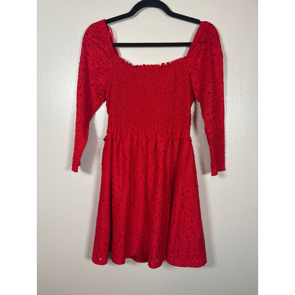 Francescas Mi Ami Red Eyelet Lace Smocked Mini Dress 3/4 Sleeve Women's M - Picture 2 of 7
